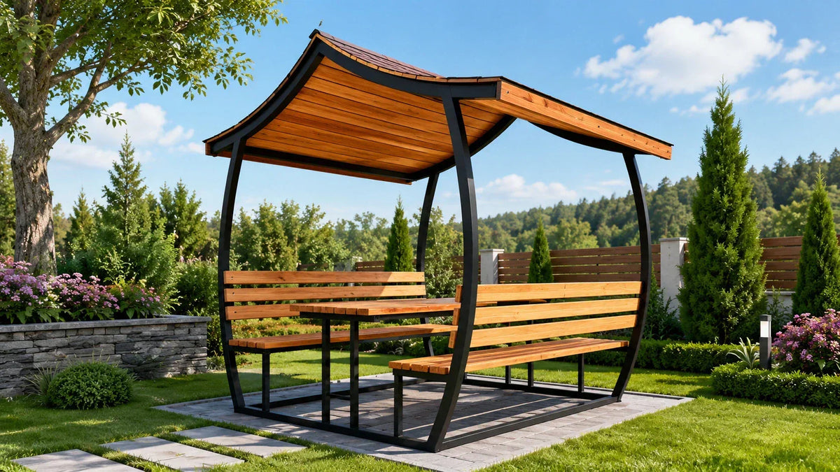 8 kişilik ahşap çardak modeli, masa ve oturma banklarıyla bahçe kullanımında