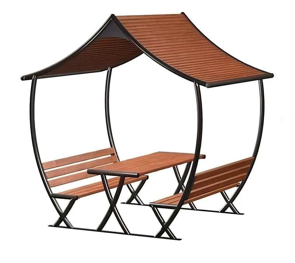 200x200x235 cm ölçülerinde, 8 kişilik oturma alanına sahip, modern Japon çatı tasarımlı metal-iskelet ve ahşap oturumlu çardak modeli. Bahçe ve dış mekân kullanımı için dayanıklı yapıda.