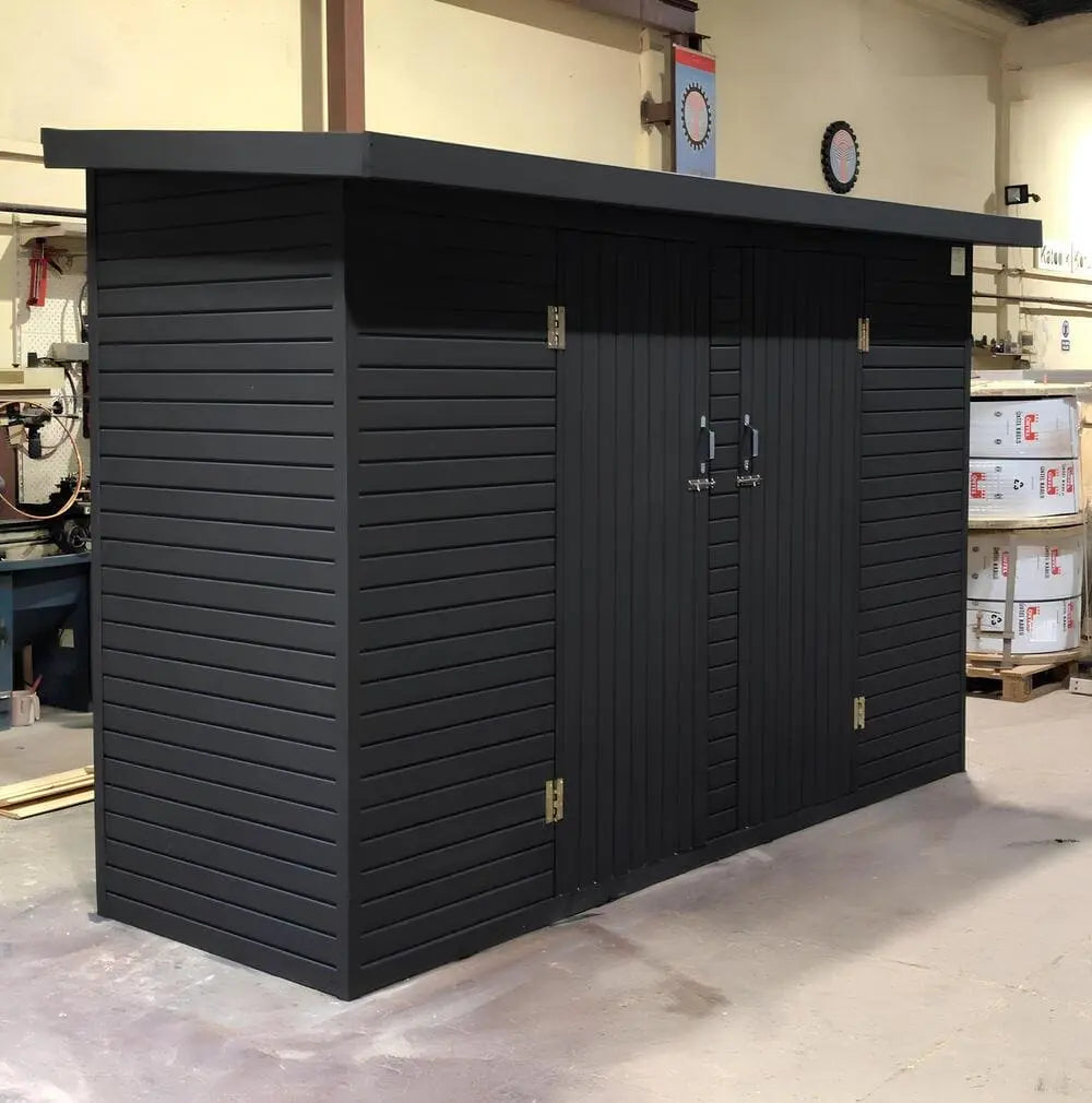 3 m² Antrasit bahçe kulübesi, iki kapılı geniş depolama alanı, dış mekân kullanımına uygun ahşap ardiye