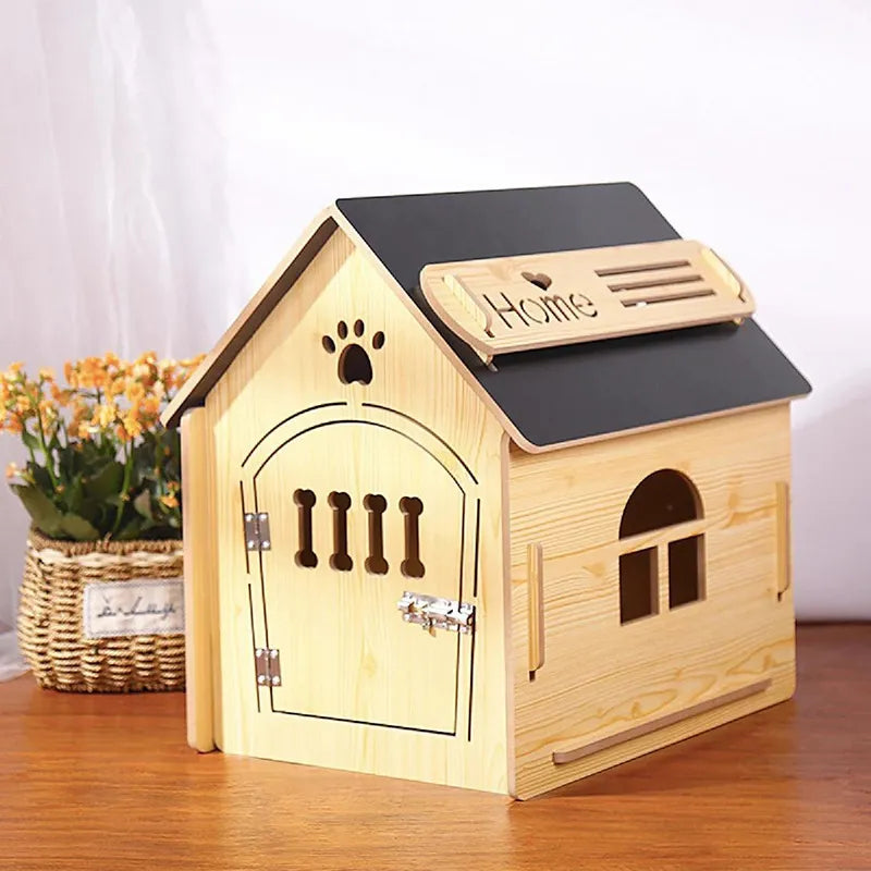 Kemik Motifli Kapılı Çatı Havalandırmalı Ahşap Köpek Evi