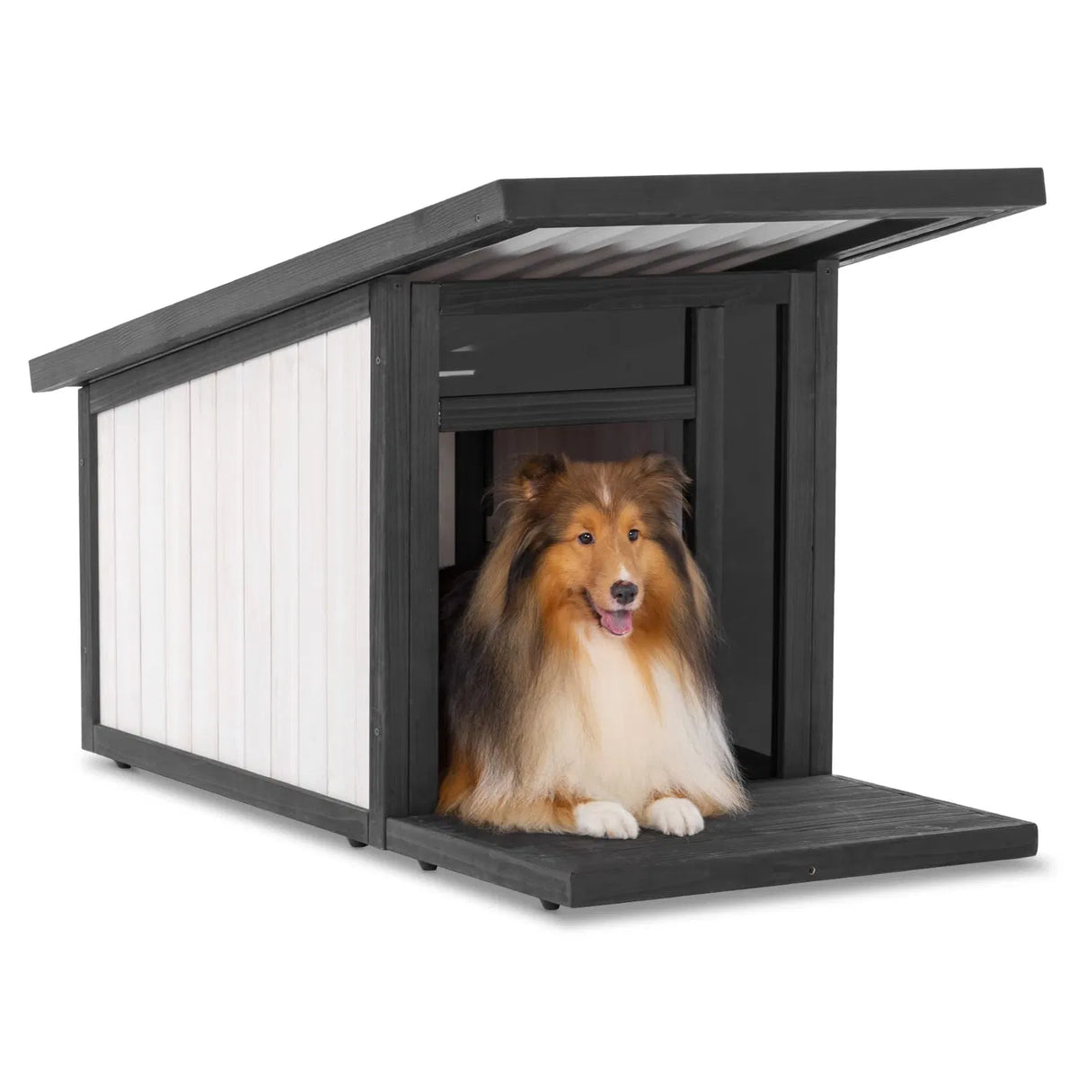 Geniş Ön Sahanlıklı Saçaklı Ahşap Köpek Kulübesi