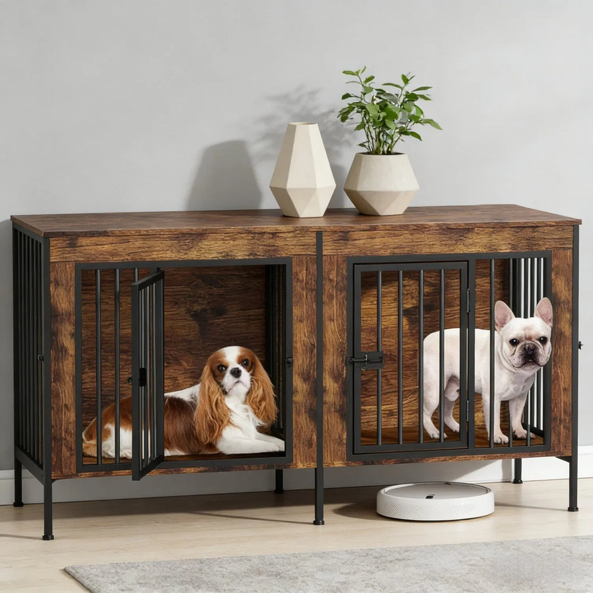 Çift Bölmeli Konsol Tipi Ahşap Metal Köpek Evi