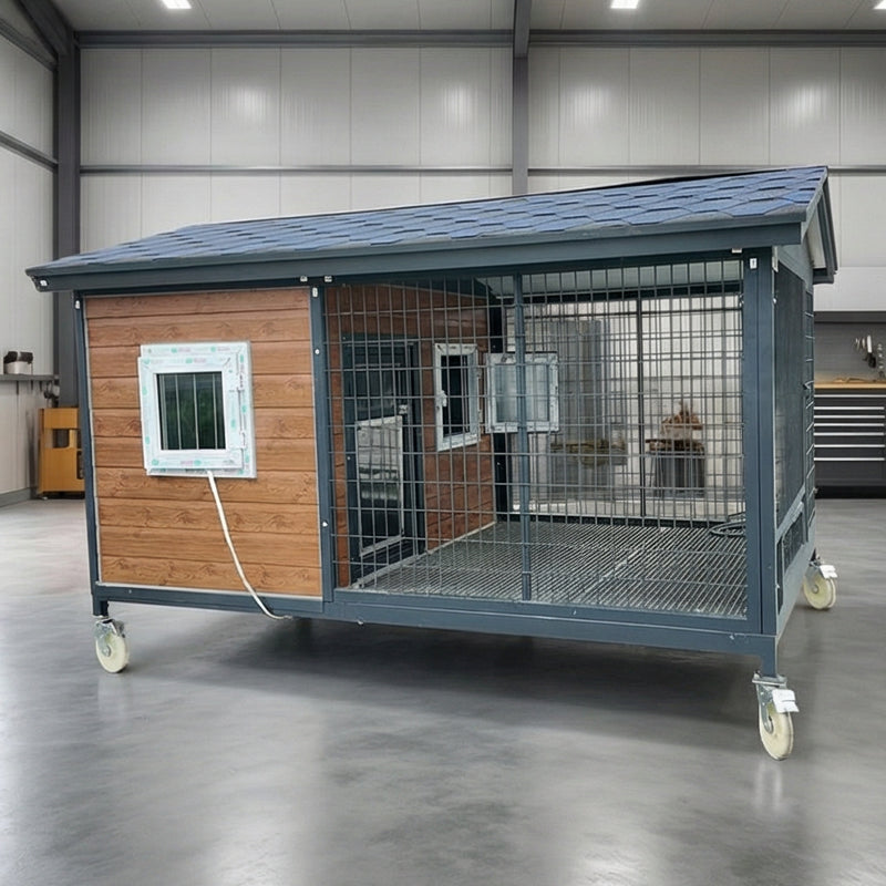 Pencereli Odalı Gezinti Alanlı Ahşap Köpek Kulübesi